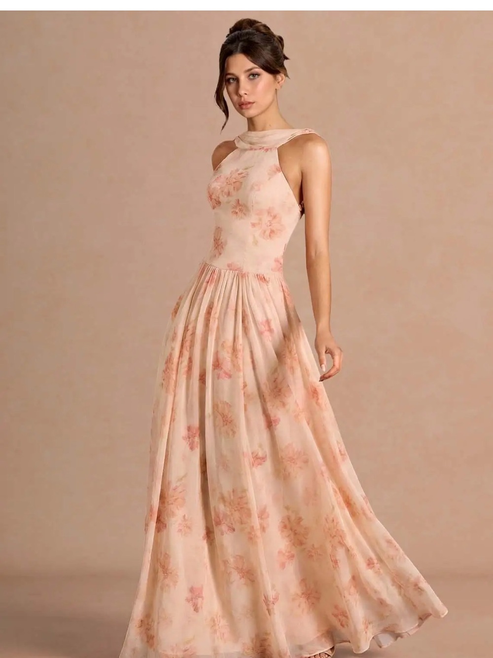 Azazie Bridesmaid Blush Pink Floral Halter Dress - Picture 1 of 6